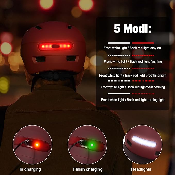 Bike Helmet, Shinmax Adult Cycling Helmet with USB Rechargeable LED Front and Back Light Bicycle Helmets for Men Women