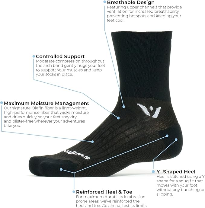 Swiftwick- PERFORMANCE Crew Cycling Socks, USA Made, Max Durabiltiy, Moisture Wicking Socks