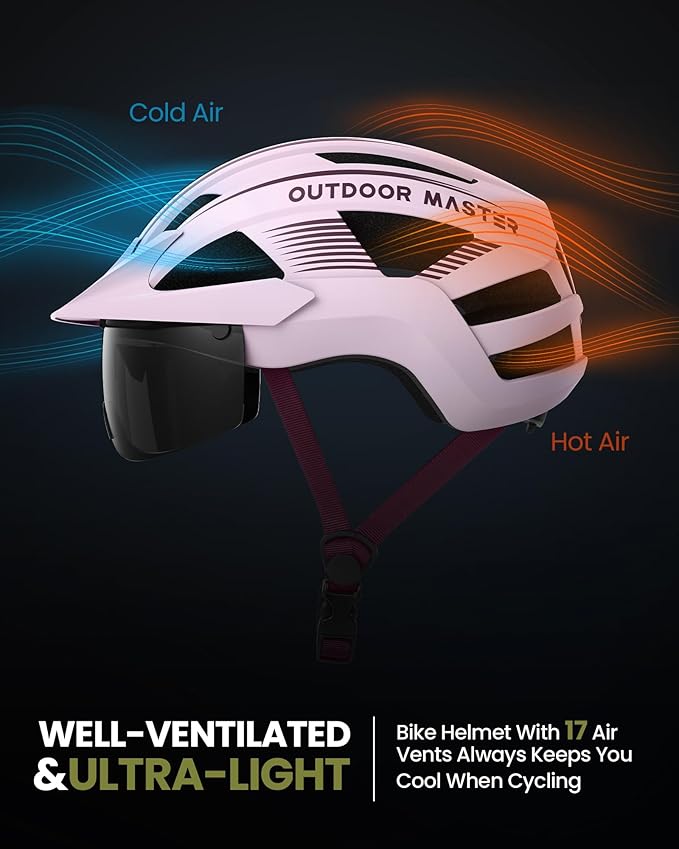 OutdoorMaster Adult Bike Helmet - Bicycle Helmet with Rechargeable Rear LED Light, Detachable Magnetic Goggles, Removable Sun Visor - Suitable for Commuting and Cycling for Men and Women