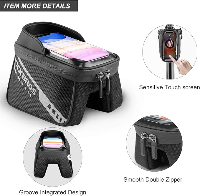 ROCKBROS Bike Phone Front Frame Bag Top Tube Bike Bag Bicycle Handlebar Bag Cell Phone Holder Mount Bag Cycling Accessories Storage Pouch for Phone 7.2”