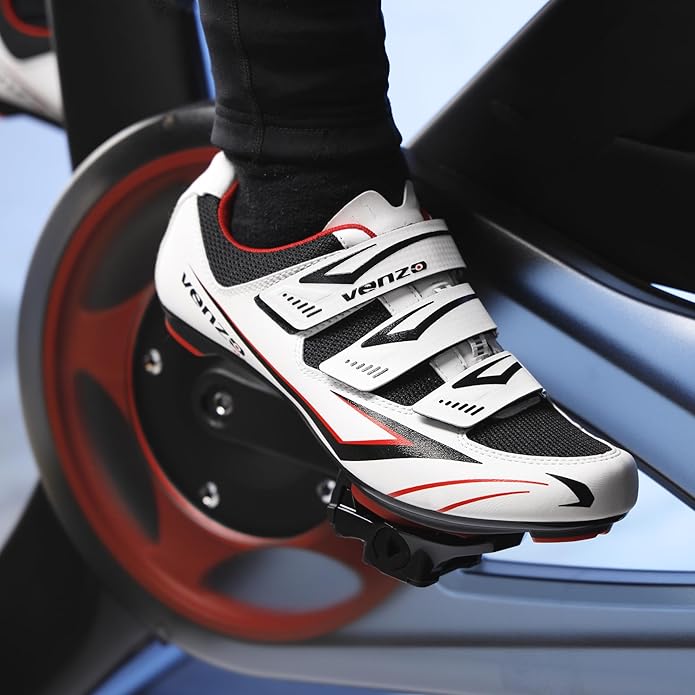 Venzo Bicycle Men's Road Cycling Riding Shoes - 3 Straps - Compatible with Look Delta & for Shimano SPD-SL - Perfect for Road Racing Bikes - White - 14.5 US Men