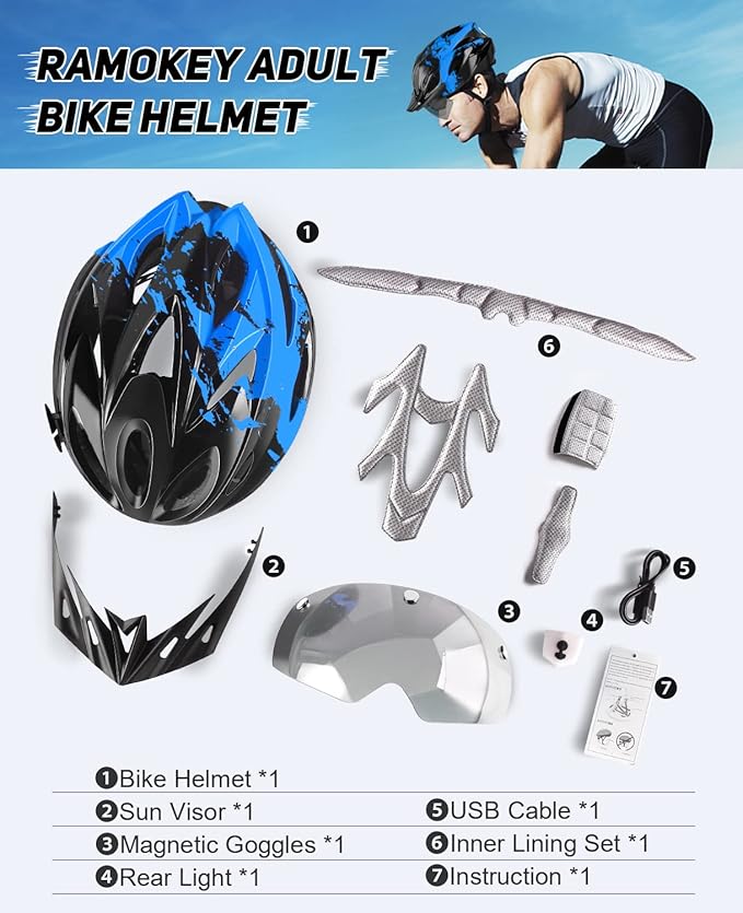 Bike Helmet with USB Rechargeable LED Light Detachable Goggles and Sun Visor, Mountain & Road Bicycle Helmets for Men Women Adult Cycling Helmets