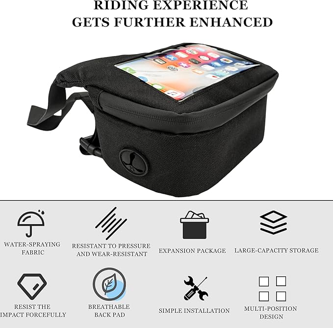 Bike Handlebar Bag – Waterproof Bicycle Handlebar Bag with Sensitive TPU Touchscreen Phone Holder, Front Frame Pouch for Road & Mountain Bikes, Large Capacity Cycling Storage Bag