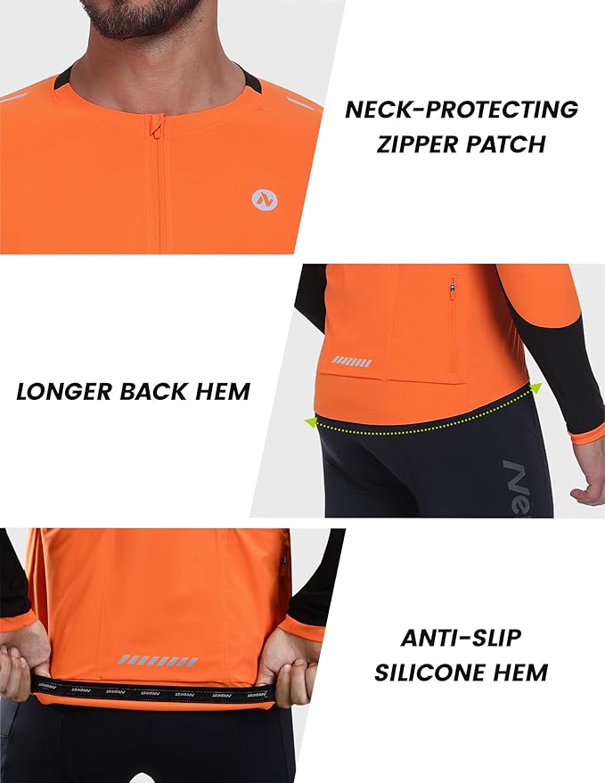Nepest Mens Cycling Jersey Long Sleeve Bike Jersey UPF 50+ Road Biking Shirts Clothing with 4 Rear Pockets