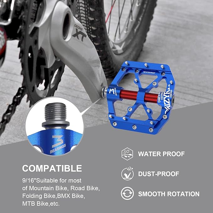 MZYRH Road/Mountain Bike Pedals,Lightweight 3 Bearings Bicycle Pedals,9/16” Aluminum Alloy Flat Pedals for Road Mountain BMX MTB Bike