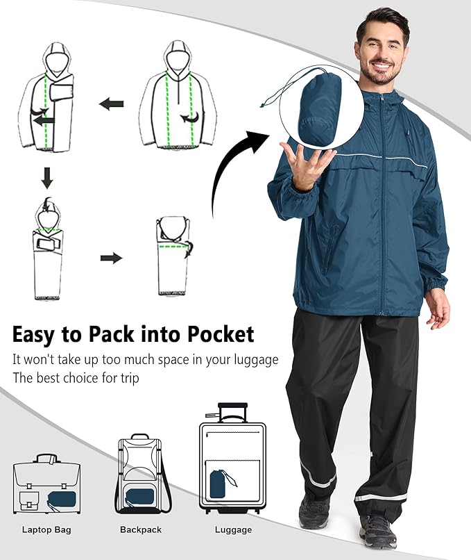 GEEK LIGHTING Rain Jacket Men Lightweight Waterproof Jackets Packable Windbreaker Hooded Raincoat for Golf Cycling Outdoor