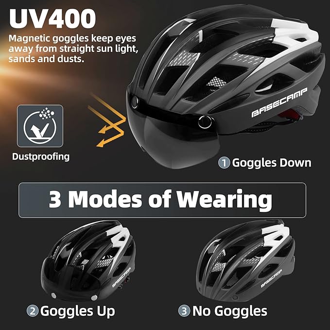 Bike Helmet, Basecamp Bicycle Helmet with Rear Light & Detachable Magnetic Goggles Lightweight Cycling Helmet Adjustable for Adult Men Women Mountain & Road (BC-069)