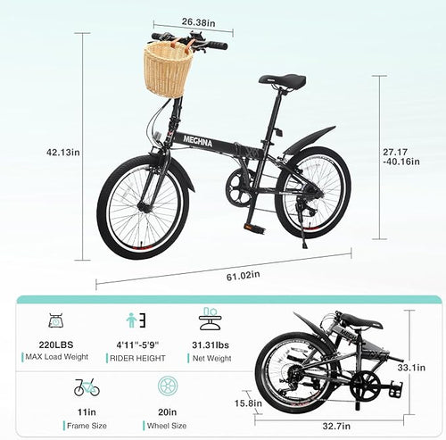 20'' Folding Bike for Adults with Basket, Phone Holder & Fenders, Steel Frame 6-Speed City Commuter, Dual V-Brake Portable Compact Bicycle for Men & Women
