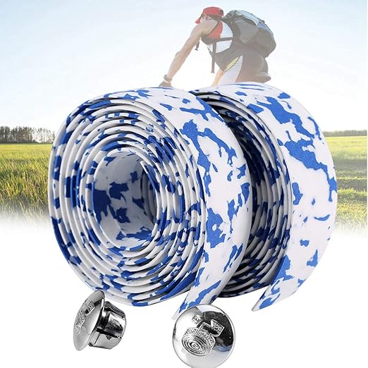 Bike Handlebar Tape Bandage, Soft Bicycle Bar Tape Handle Road Bike Handlebar Wrap with 2 Bar Plugs for Touring Cycling and Road Racing 2PCS Per Set (Blue+White)