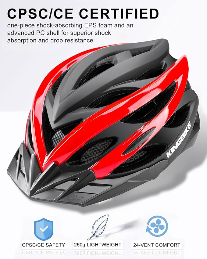 KINGBIKE Bike Helmet for Adult Men Women Youth Road Commute Mountain Cycling Helmets with USB Rechargeable Light Replaceable Padding and Visors Lightweight 20.4-23.6in