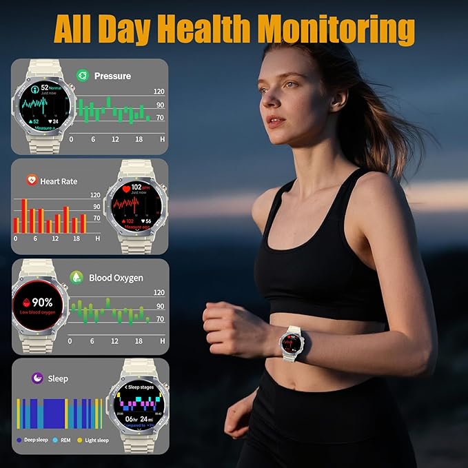Military Smart Watch for Men Built-in GPS with LED Flashlight Compass, 1.43" AMOLED Display 5ATM Waterproof Fitness Tracker with Heart Rate/Sleep/Blood Oxygen, Watches for Android/iPhone, Khaki