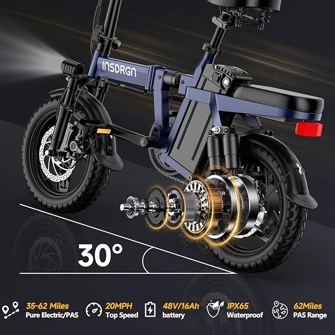 Folding Electric Bike for Adults Teens, Peak 1500W, 62 Miles PAS Range, 48V 16AH Removable Li Battery Ebike, 9 Shocks Full Suspension, 20 MPH Electric Bicycle, UL2849 Certified