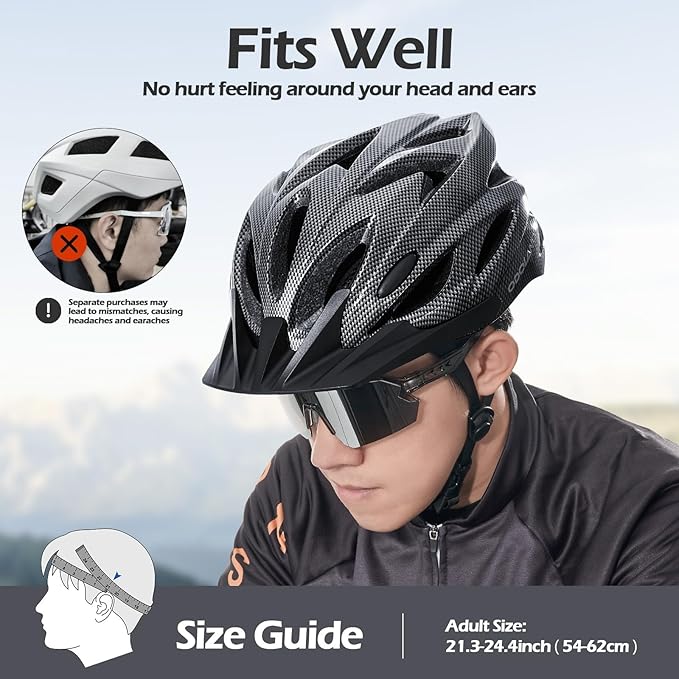 Odoland Adult Bike Helmet and Cycling Sunglasses Set for Men & Women, Safety Certified Bicycle Helmet with UV Protection Glasses for Mountain, Skating, Road, City Commuting & Outdoor Riding