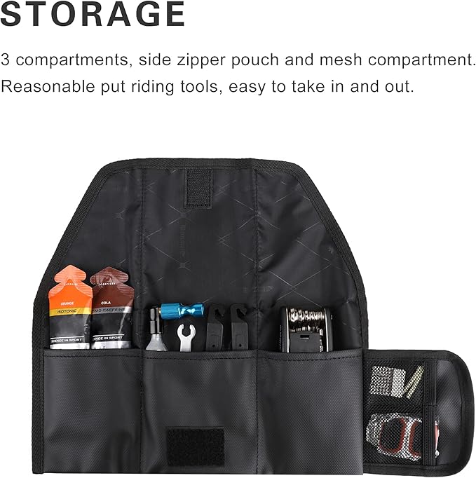 Rhinowalk Bike Tool Storage Bag with Elastic Straps Foldable Bicycle Repair Tool Pouch for Top Tube, Frame Triangle or Saddle Mount Multi-Compartment Design for Tire Repair Kits & Gear (Black)