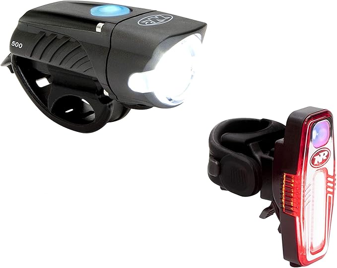 NiteRider Swift 500 Front Bike Light Sabre 110 Rear Bike Light Combo Pack- USB Rechargeable Bicycle Headlight LED Front Light Easy to Install Water Resistant Road Commuting Cycling Safety Flashlight