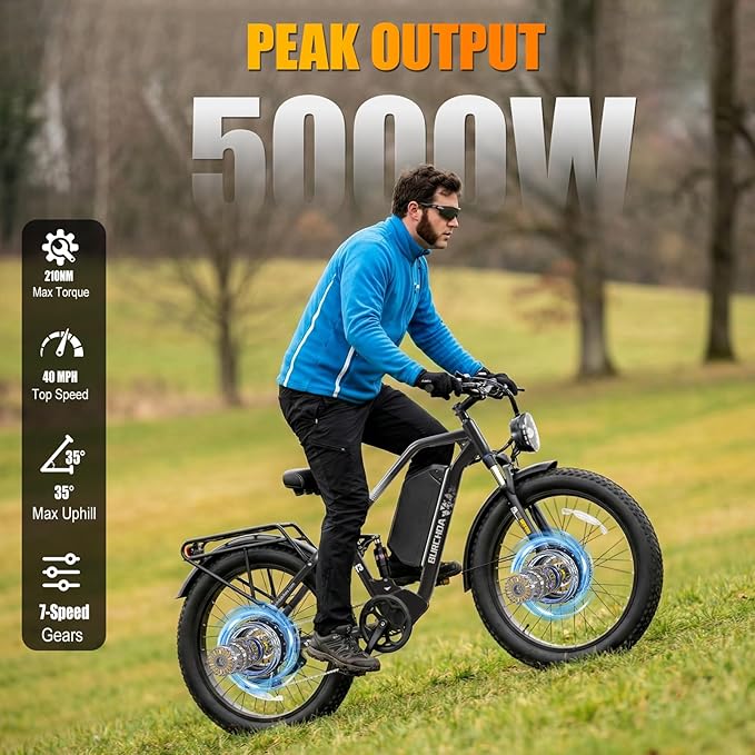 2026 Upgraded Dual Motors AWD Electric Bike for Adults 5000w/3000W/1500W Motor Dirt Ebike 40MPH/30MPH 52V/48V 30Ah/20Ah Battery Up to 90 Miles Long Range 26" Fat Tire Bicycle for Commute Mountains