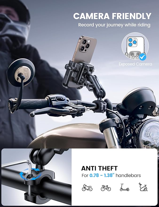 Lamicall Motorcycle Phone Mount Holder - [All Metal] [Anti Shake] [Extendable Arm] Bike Phone Holder Handlebar Clamp, Bicycle Cell Phone Mount, Gifts for iPhone 17 16 Pro Max, Galaxy, 4.7-7.2" Phones