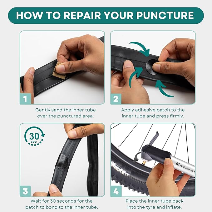 VeloChampion Puncture Repair Kit | Self-Adhesive Bike Tyre Patches for Road, MTB, BMX, Ebike| Travel Size Bicycle Puncture Repair Kit | 6, 10 or 40 Pack + Optional Tyre Levers