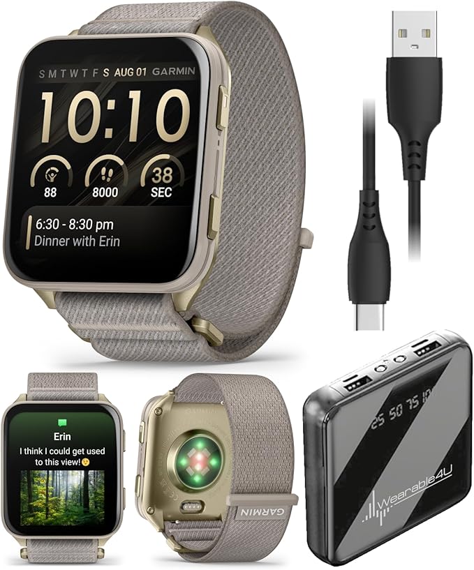Wearable4U Garmin Venu X1 Thin and Lightweight GPS Smartwatch, AMOLED Display, Advanced Health & Fitness Features, Soft Gold w/Titanium Caseback & French Gray Nylon Band PowerBank Bundle