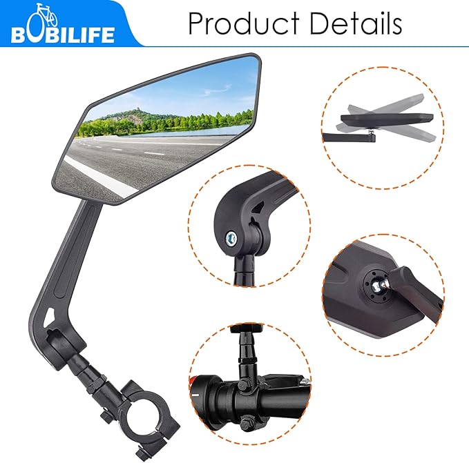 Bike Handlebar Rearview Mirror 2 Pack - Rotatable and Adjustable Wide Angle HD Safe Glass Rear View Shockproof Side Flat Mirror Universal For Bike Bicycle E-bike (BM047)
