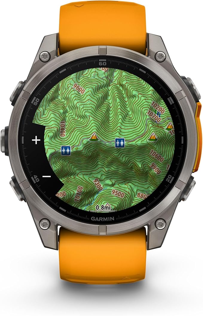 Garmin Fenix 8 Premium Multisport GPS Running Smartwatch, 47 mm | AMOLED, Dive-Rated, Built-in Flashlight | Titanium with Spark Orange/Graphite Band with Signature Series Charging Stand