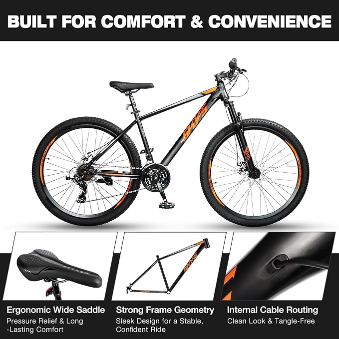 Convend 24/26/27.5" Mountain Bike for Adults, 21-Speed Twist Shifters, Lockout Suspension Fork, Dual Disc Brakes, High-Carbon Steel Frame, All-Terrain Tires, 85% Pre-Assembled