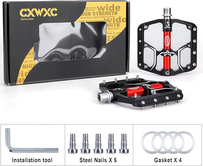 Road/Mountain Bike Pedals - 3 Bearings 9/16” Aluminum Alloy Bicycle Pedals - Mountain Bike Pedal with Removable Anti-Skid Nails