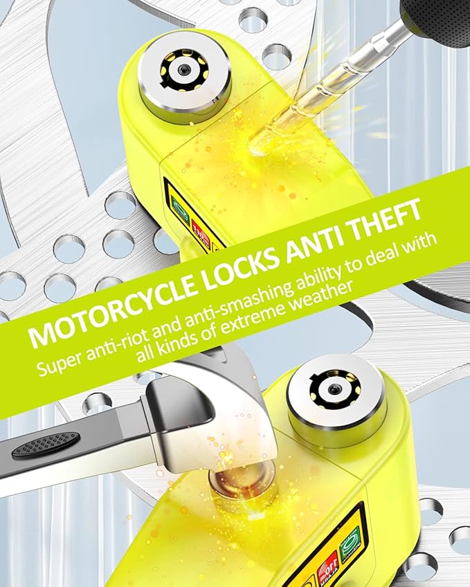 ONVIAN Motorcycle Disc Brake Lock with 120dB Alarm, Rechargeable Waterproof Motorcycle Locks Anti Theft for 7mm Motorcycle Brake Helmet Scooter Wheel Lock 5FT Reminder Cable (Lemon Yellow)