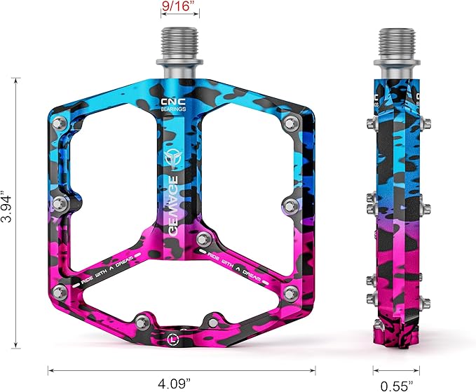 Road/Mountain Bike Pedals - 3 Bearings Bicycle Pedals - 9/16” CNC Machined Flat Pedals with Removable Anti-Skid Nails