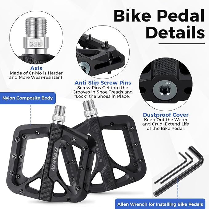 NUWAB Mountain Bike Pedals, 9/16 Inch Axle Thread Anti-Slip Bicycle Pedals, Lightweight and Wide Platform Flat Pedals for Road Mountain BMX MTB Bike, Come with Installation Tool