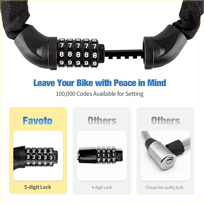 Favoto Bike Chain Lock, 5 Digit Combination Anti-Theft Bicycle Lock, 3.3 feet Long, Ideal for Outdoor Motorcycle E-bike Bikes Gate Fence Ladder Lawn Mower