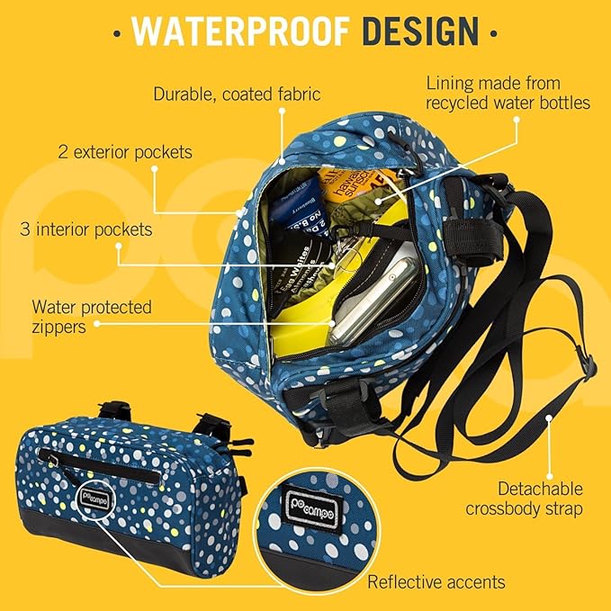 Po Campo Domino Handlebar Bag - Large, Waterproof Bicycle Storage Baskets for Front Mount - Lightweight Bike Bags That Convert To Crossbody (Waves)