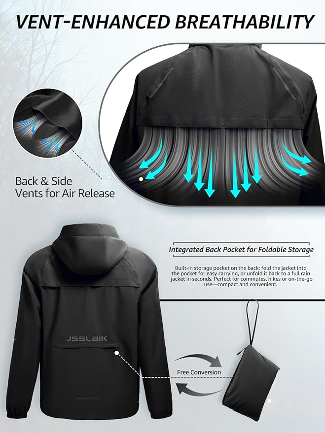 Men's Rain Jacket Waterproof Windproof Breathable for Hiking Cycling Commuting with Hood & Pockets