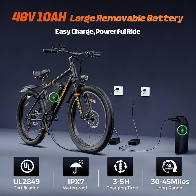 Electric Bike for Adults, 1500W Peak Mountain Ebike, 20 MPH, 7 Speeds, 48V Removable Battery, 26" Ebike for Commute