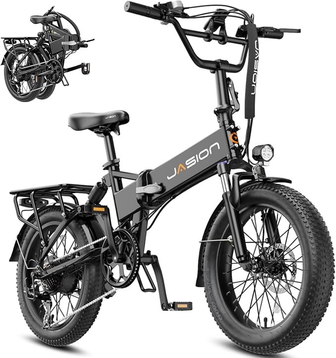 Jasion EB7 20" Foldable Electric Bike Fat Tire for Adults, 1200W Peak, 48V Removable UL-Certified Battery, 28MPH 55 Mi Range Commuter Electric Bike with Dual Suspension for City,Beach,Snow,Mountain