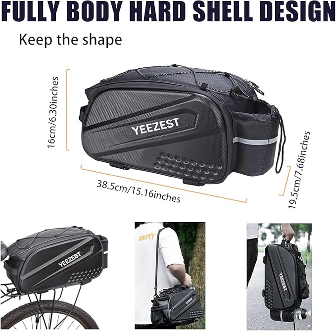 Bike Bag for Bicycle Rear Rack – 10L Hard Shell Waterproof Bike E-Bike Rack Bag with Shoulder Strap & Reflective Stripfor Cycling, Commuting, Outdoor Travel, Gifts for Men