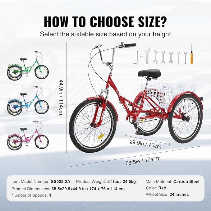 VEVOR Folding Adult Tricycle,Adult Folding Trikes, 3 Wheel Cruiser Bike with Large Basket & Adjustable Seat, Shopping Picnic Foldable Tricycles for Women, Men, Seniors