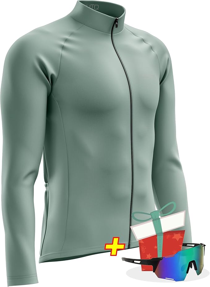 Men's Cycling Jersey Moisture Wicking Long Sleeve Full Zip Bike Road Riding Biking Shirts+ Cycling Glasses