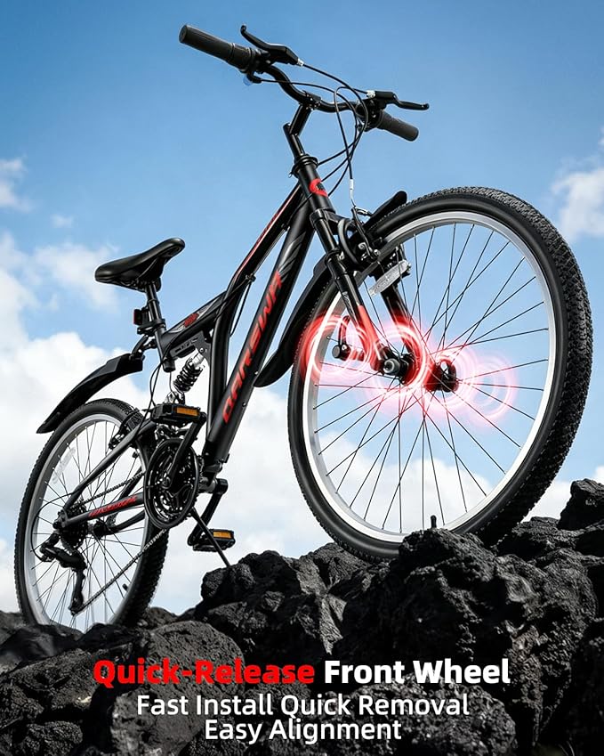 24 Inch Mountain Bike for Men & Women, 21-Speed Full Suspension MTB, High-Carbon Steel Frame, Quick Release Front Wheel, Dual Fenders, Easy Assembly, Trail & Commuter Bicycle