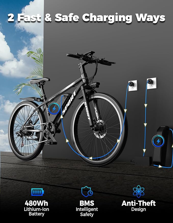 Electric Bike for Adults, 1500W Peak Mountain Ebike with 25 MPH, 65 Miles Range, 7 Speeds, 48V 10Ah Removable Battery 26" Ebike for Commute