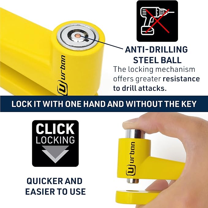 URBAN 922A Motorcycle Disc Lock, ø10mm Safer, More Visible, More Deterrent, Compact and Effective Security for Easy Transport, Anti Theft Wheel Brake Lock for Motorbike Scooter Electric Bike Bicycle