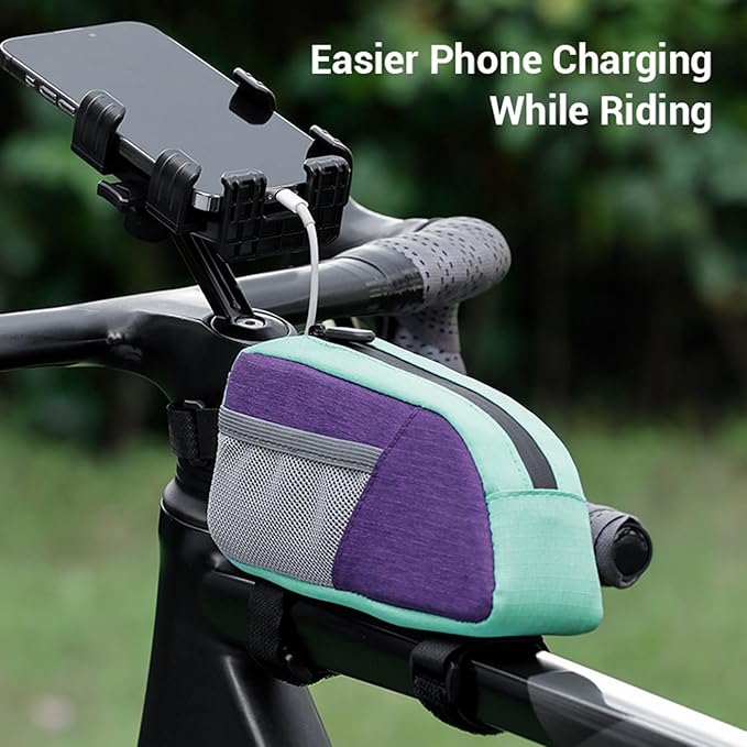 Fockety Top Tube Bike Bag, Color Blocking 0.8L Bike Frame Bag Bike Frame Storage Bag Bike Accessories Pouch for Mountain Road Bikes (Purple Green)