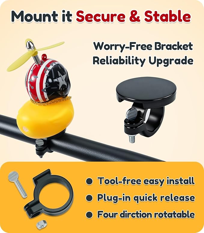 Rubber Duck Bike Decorations [New Stable Clamp Mount] Cute Squeak Duck Bike Bell [Two Helmet Propeller] Funny Bike Accessories E Scooter Motorcycle Cycling Gifts
