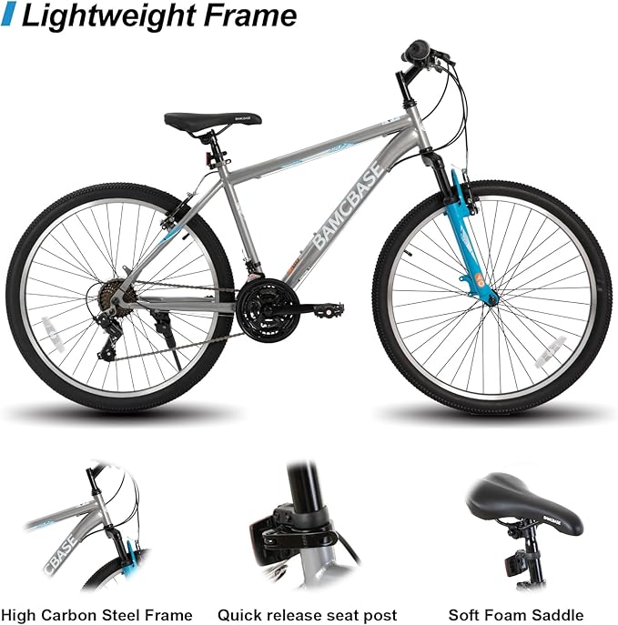 HILAND 26 27.5 29 Inch Mountain Bike, Mens Womens MTB with 21 Speeds, High-Tensile Steel Frame, V Brake, Hardtail Bicycle for Adults