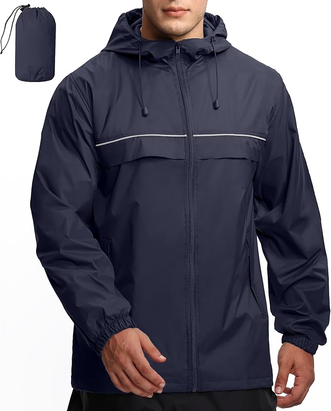 GEEK LIGHTING Rain Jacket Men Lightweight Waterproof Jackets Packable Windbreaker Hooded Raincoat for Golf Cycling Outdoor