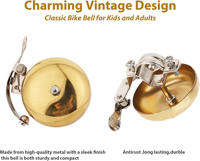 Brass Bike Bell, Bicycle Bell for Adult Bikes, Loud & Clear Sound Bicycle Bell for Adults & Kids Classic Design, Easy Installation Fits Mountain, Road, Folding Bikes and Scooters