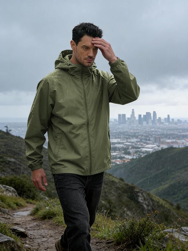 Men's Rain Jacket Windbreaker Waterproof Jacket Raincoat Cycling Running Hiking Gear Hood Lightweight Packable
