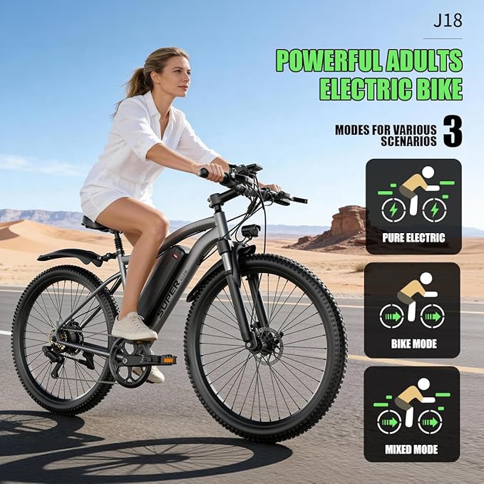 26'' Electric Bike for Adults 1200W Peak Motor 55 Miles Long Range 25MPH Commuter E-Bike with 7 Speed Gears IPX7 Waterproof Pedal Assist Electric Mountain Bicycle for Men