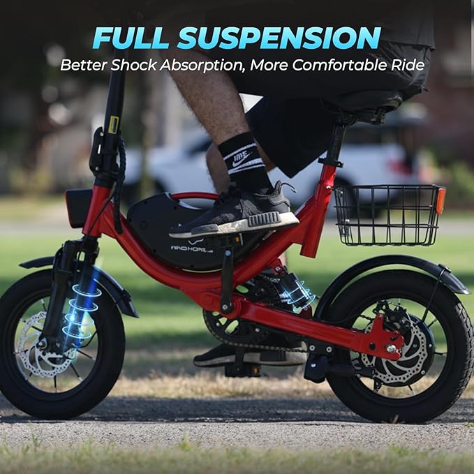 Electric Bike with Basket, 14" Folding Ebike 22 MPH, 35 Miles Range, Dual Suspension, 715W Peak Brushless Motor with 30° Uphill, Adjustable Seat, Commuter Electric Bicycle for Adults 330LBS Load