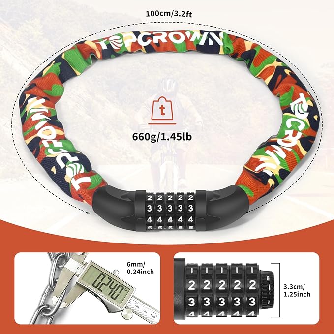 Bike Chain Lock 3.2Ft Long High Security Heavy Duty Anti Theft, 5 Digit Combination Resettable Keyless Bicycle Lock for Bike/Electric Scooter/Ebike/Motorcycle(Camouflage)